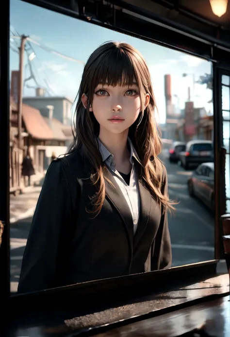 (((realistic photography))),, portrait, (afraid face:1.3),, beautiful girl, looking at viewer, , (school uniform:1.2), shirt buttoned and trousers, , (busty cleavage:1),, in the japan street, (environment details:1.3),, (RAW Photo, cg unity, photography, u...