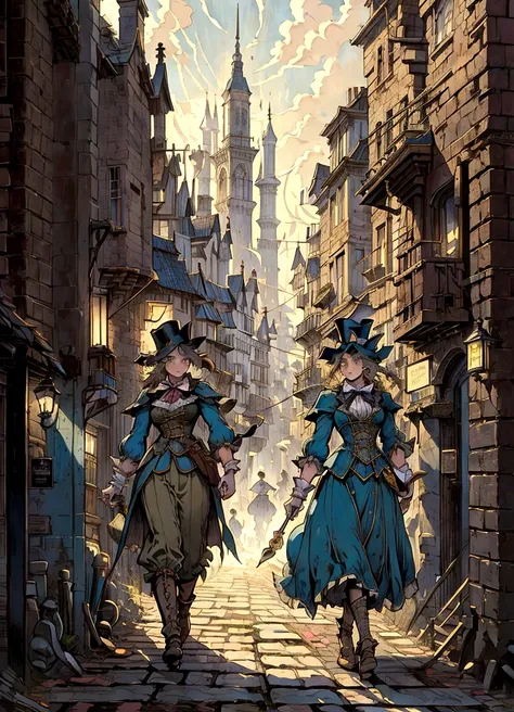 painting of a street scene with a person walking down the street, victorian city, an victorian city, style of raphael lacoste, inspired by Carl Spitzweg, by Johan Grenier, by Robert Antoine Pinchon, inspired by Raphael Lacoste, by Raphael Lacoste, james gu...