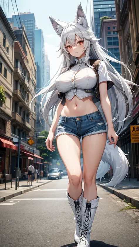 Adult woman with long white hair and big breasts，Wolf ears，Wolf Tail，White shirt，Short-sleeved vest，Bare waist，Denim shorts，Thin legs，boots，ruined city