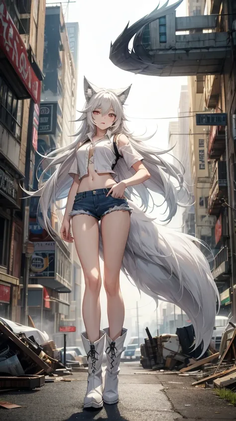 Adult woman with long white hair and medium chest，Wolf ears，Wolf Tail，White shirt，Short-sleeved vest，Bare waist，Denim shorts，Thin legs，boots，ruined city