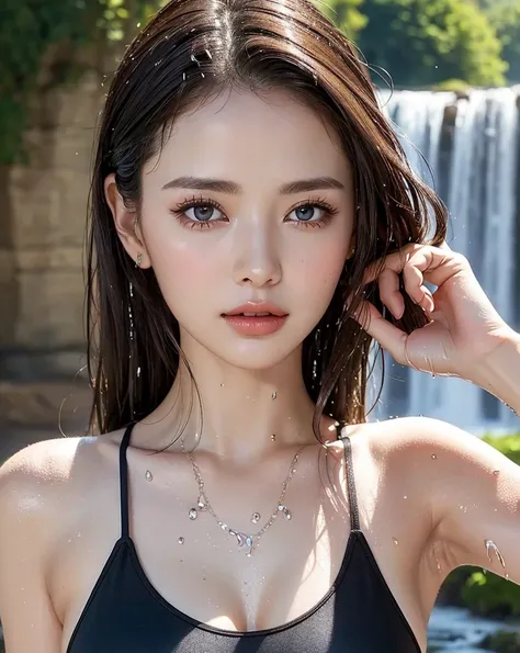 (Best quality, 4k, Masterpiece :1.3), pretty woman, 1girl, sexy :1.1, dark brown hair: 1.1, (waterfall, wet body :1.2), sexy white tank tops, ultra-detailed face, detailed lips, detailed eyes, double eyelid