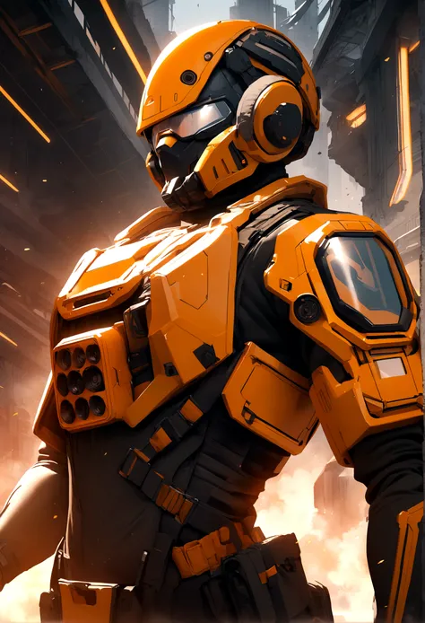 Futuristic Orange Guerilla with Body armor ready for battle