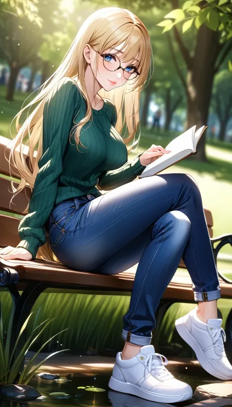 best quality, highres, 8k, masterpiece, immersive atmosphere, chiaroscuro:(1.5, bright light:1.2, luminous lighting), blurring, (background blur:1.5), 
(dynamic angle, seductive pose:1.2, sitting), park, pond, bench, (legs focus, full body:1.5), delicate f...