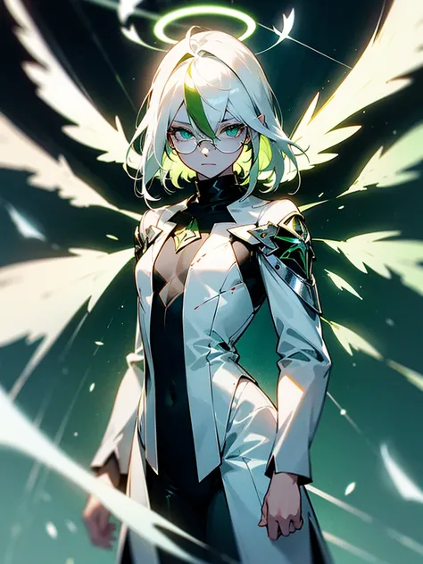 Reference sheet of a angel with white hair with green streaks, white skin, beautiful face, black glasses, glowing halo and wings in silver shiny outfit with sunlight symbol on the sleeve and blood stains