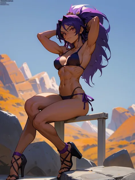 18 year old Yoruichi Shihōin from Bleach with tanned skin in a purple thong bikini flexing her muscles with her hands behind her head so they are not visible to pridefully show off her rock hard abs and sitting on her heels on a mountain ledge, highly deta...