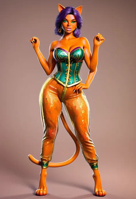 photorealistic, indian, older female, ifbb, bimbo, milf, multiple limbs, multiple arms, skinny, long legs, digitigrade, thick thighs, big calves, wide hips, big butt, forked tail, cat tail, cat ears, snout, maw, fangs, thick lips, slit eyes, colored body, ...