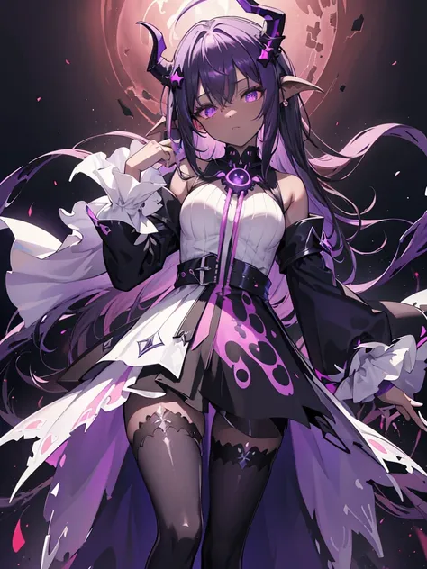 absurdres, ((high-resolution)), ultra detailed, vivid colors, abyssal goddess, dark skin, horns, white hair, ((medium hair:1.2)), (sidelocks:1.3), purple eyes, disheveled hair, long sleeves, fril gothic dress, purple and pink outfit, abyssal, darkness, ten...