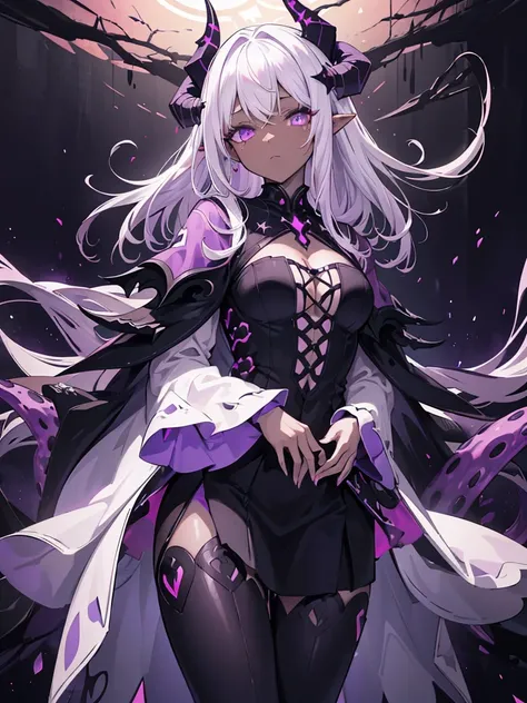 absurdres, ((high-resolution)), ultra detailed, vivid colors, abyssal goddess, dark skin, horns, white hair, ((medium hair:1.2)), (sidelocks:1.3), purple eyes, disheveled hair, long sleeves, fril gothic dress, purple and pink outfit, abyssal, darkness, ten...