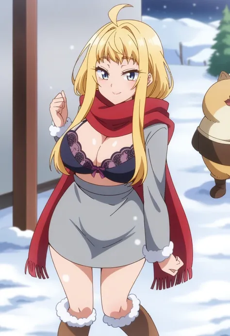 (anime art style), (cartoon), masterpiece, best quality, very aesthetic, absurdres, minamifuyuki, ((1girl)), blonde hair, long hair, sidelocks, ahoge, blue eyes, big breasts, scarf, red scarf, cleavage, bra, brown boots, fluffy boots, grey miniskirt, smile...