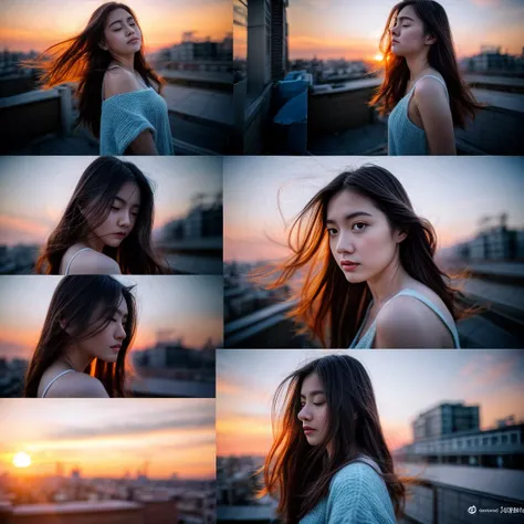 
Deep Twilight Blue、Warm sunset orange、And using a soft purple palette、Draw the sky changing。The central image is、A young woman, her hair blowing gently in the evening breeze, stands on a rooftop、Let&#39;s make it look like you&#39;re looking down on the s...