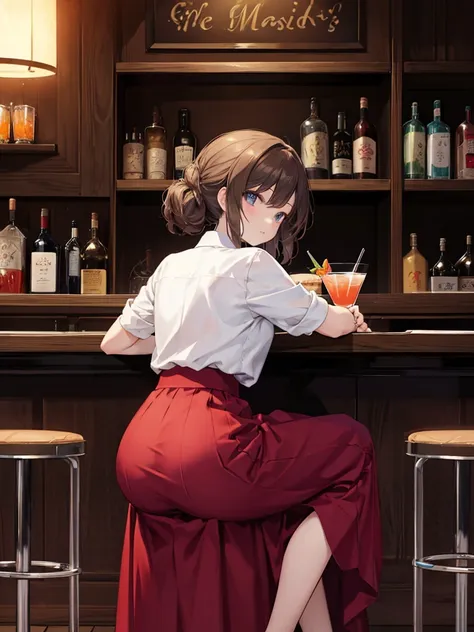 look back女, long skirt, anime style painting, an illustration, liquor, woman sitting at a bar drinking a cocktail, look back, lo...