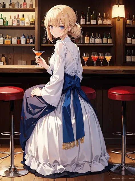 look back女, Long skirt, Anime style painting, An illustration, liquor, Woman sitting at a bar drinking a cocktail, look back, Looking over one&#39;s shoulder, Small face, 背景の棚には多彩な色のliquor瓶が並んでいる, Quiet bar, Calm expression, Perfect hands, elder, Red Hair,...