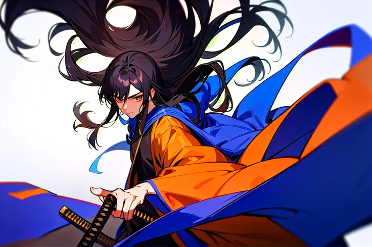 A 19 year old man with long black hair wearing a brown robe and a Dark Abys Katana Model Vtuber 