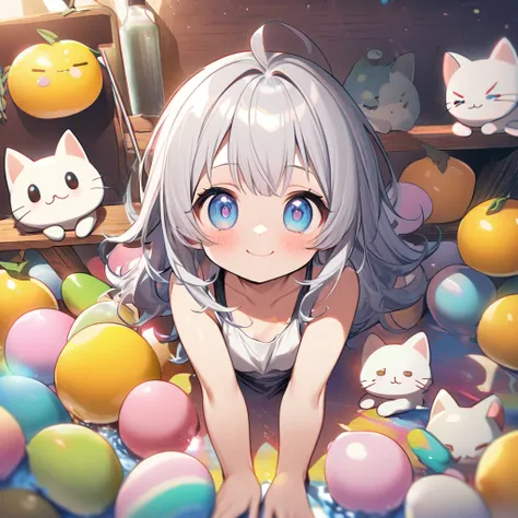 masterpiece、Highest quality、Depth of subject、２D illustration、1 beautiful girl、独奏, (((chibi style)))、Long, beautiful hair、Shiny silver hair、cute、Beautifully detailed eyes、((Tank top))、a glass of lemon soda, ((colorful))、mini skirt、((happy smile))、((kitten c...