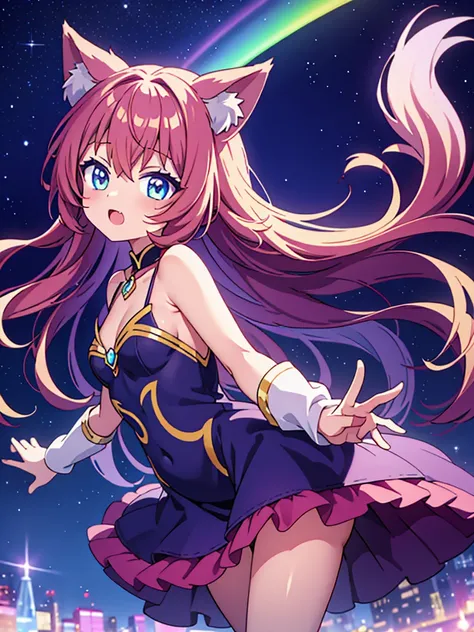 Anime style,lolishota,wolf ears tail,rainbow 7colors gradation stars glitter shining glowing prism Aurora Borealis Glimmering dress,Flying into the sky, shining like a goddess, she is truly divine,Spread arms horizontally,laugh,