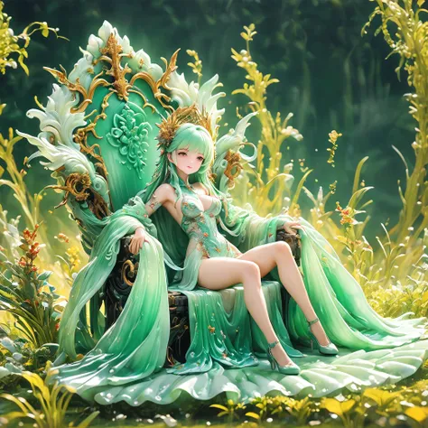 best quality, very good, 16k, ridiculous, very detailed, gorgeous((( throne 1.3)))，made of translucent jadeite, background grass...