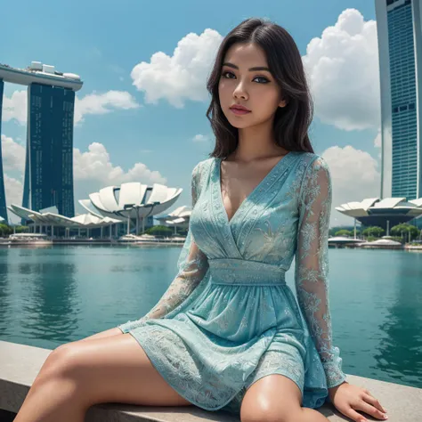 1girl, sitting in front of Marina Bay Sands Hotel, Singapore, beautiful detailed eyes, beautiful detailed lips, extremely detailed face, long eyelashes, cute, sweet, above knee length dress, sunlight, cinematic lighting, vibrant colors, highly detailed, ph...