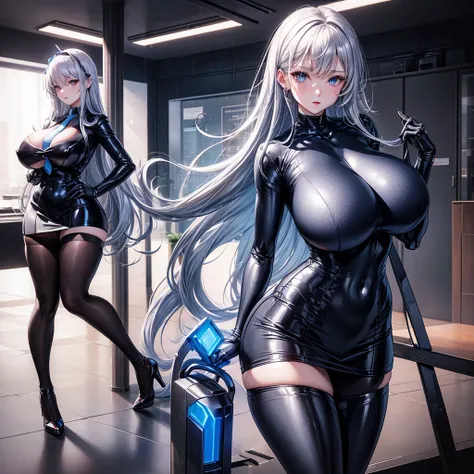 (masterpiece) (high Res), (robot), (Perfect face), (perfect anatomy) woman in super tight clothes, (office suit), (mini skirt), shirt, tie, blue glowing eyes, huge breast, narrow waist, wide hips, thick thighs, metal body, silver skin, silver hair, red lip...