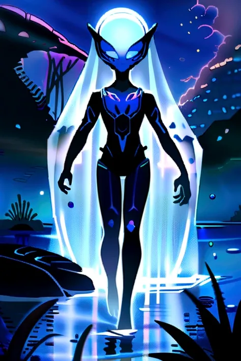 Walk, Hands and feet, Big eyes, water sprites，semi transparent，adolable, (((Humanoid translucent alien creature))), Light, Blue light,, Ocean, Plants in the water,Rich in color，Lighting effects