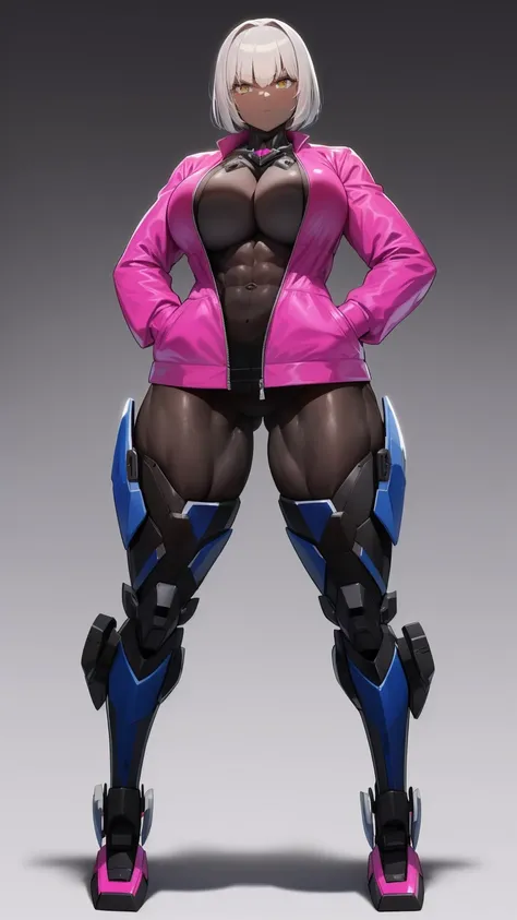 E girl cut hair Bob color pink jacket open mini skirt (((mecha legs Master piece Ultra Quality))), stand pose head on full body , (tall, muscular:1.3), (dark skin, perfect skin:1.8), (big breasts:1.1),Grt2c