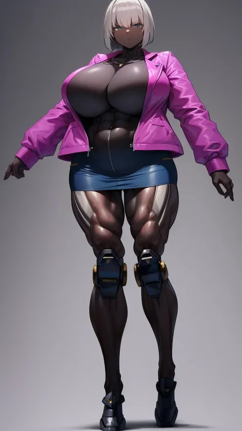 E girl cut hair Bob color pink jacket open mini skirt (((mecha legs Master piece Ultra Quality))), stand pose head on full body , (tall, muscular:1.3), (dark skin, perfect skin:1.8), (big breasts:1.1),Grt2c