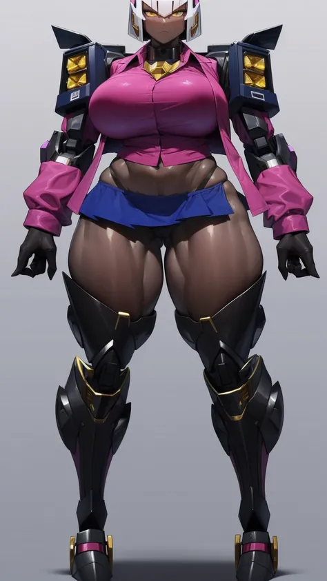 E girl cut hair Bob color pink jacket open mini skirt (((mecha legs Master piece Ultra Quality))), stand pose head on full body , (tall, muscular:1.3), (dark skin, perfect skin:1.8), (big breasts:1.1),Grt2c