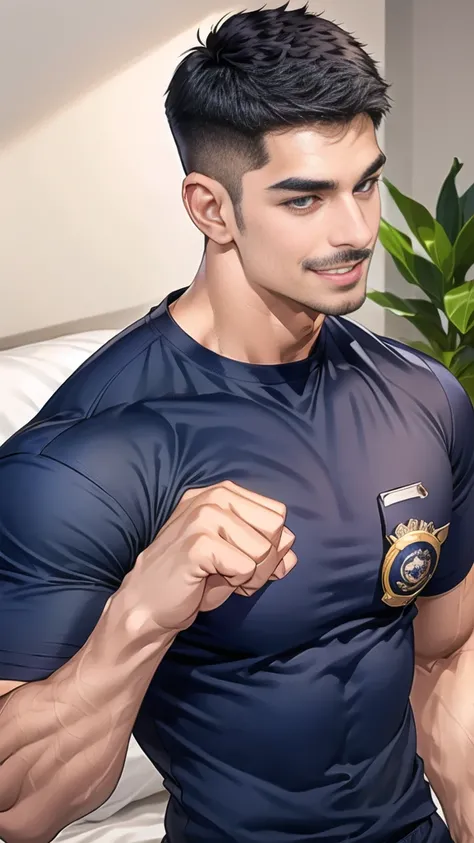 (handsome Man),(Thin mustache:1.1),(crew cut short hair:1.5),black eye,
(navy blue tight-fitting round neck short sleeve T-shirt:1.3),(Police badge:1.3),navy blue cargo pants,(navy_gloves:1,3),
Korean guy,chest muscles,large arm muscles,blood vessel,Big mu...