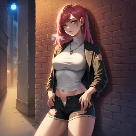 (masterpiece, best quality, 1 girl, solo, intricate details, chromatic aberration), realistic, ((medium breath)),long hair, red hair, red decoration on the head, pink highlights, amber eyes, earrings, sharp eyes, necklace, neon shirt, ripped shorts, unbutt...