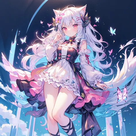 1 girl, masterpiece, best quality, Amazing, beautiful detailed eyes, finely detailed, depth of field, extremely detailed CG unity 8k wallpaper, full body, white hair, cat girl, loli, ghotic dress, red ribbon, (animal ears, cat ears, cat tail), village, red...