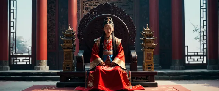 score_9, score_8_up, score_7_up, source_photo, photography, realistic, rating safe, from side, cinematic lighting, ultra detailed, absurdity, 1girl, Wu Zetian, sitting on Throne, Chinese Palace, hands on knees, looking at boy, long hair, black hair, 1boy, ...