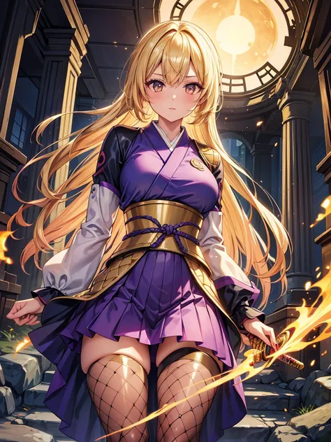 (Highest quality)), ((Masterpiece)), (Familiar), Perfect face, glossy skin, beautiful breasts, how, shiny skin, Kyoto animation style painting, blonde hair, golden eyes, tanned skin, night, Holding a Japanese sword, ruins, fighting posture, fishnet tights,...