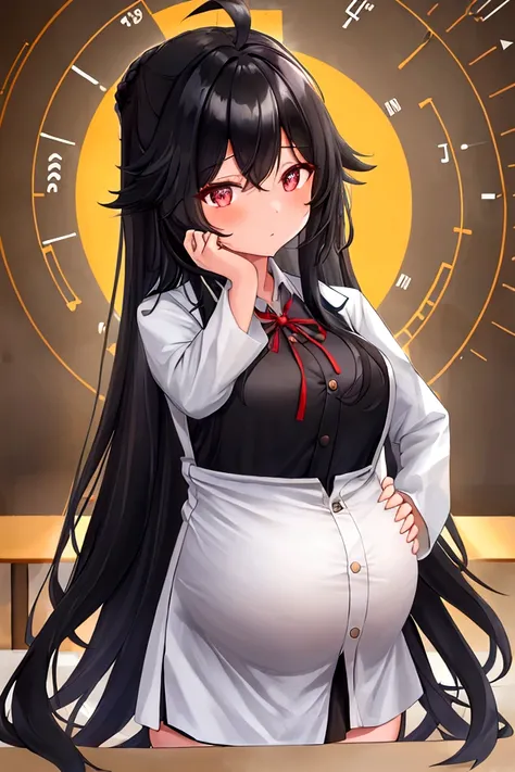 (high quality), 1girl, long black hair, two tone hair, simple ahoge, young girl, at workshop, lab coat, short skirt, engineer, drafter, computer, pregnant, look at viewer