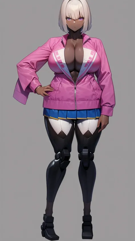 E girl cut hair Bob color pink jacket open mini skirt (((mecha legs Master piece Ultra Quality))), stand pose head on full body , (tall, muscular:1.1), (dark skin, perfect skin:1.8), (big breasts:1.1),Grt2c