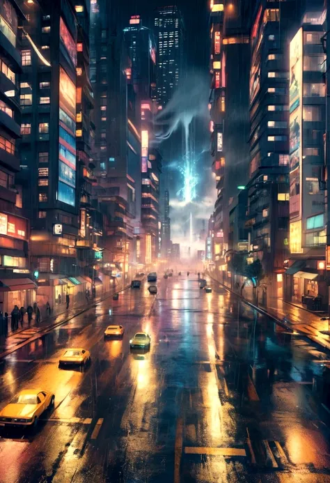 nighttime city street scene with a fountain in the middle of the road, vfx powers at night in the city, rainy city at night, water tornado in the city, street city night, futuristic city street, city at night in the rain, rainy night city street, 4 k resol...