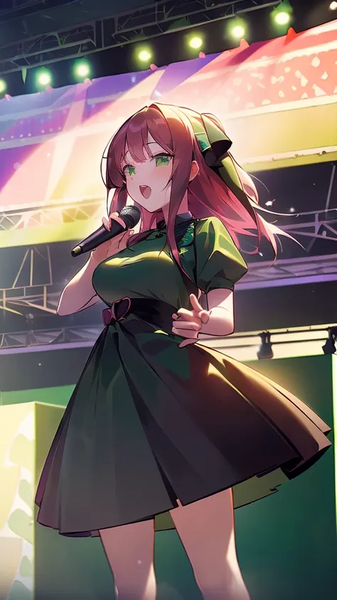 ((masterpiece, best quality)),very detailed, simple eyes, ((((outdoors,standing)))), (((green eyes))), (((medium breasts))),himari uehara, 1girl, (((kawai dress))), (((sing))), (((stage live live))), (((use microphone))),, nakano nino