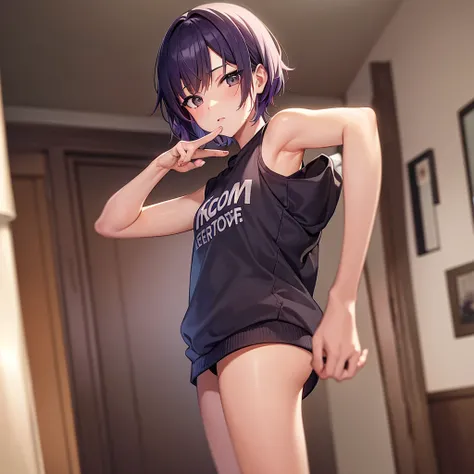 best qualityer, work of art, high resolution,girl with short purple hair brown eyes with black sweatshirt,room