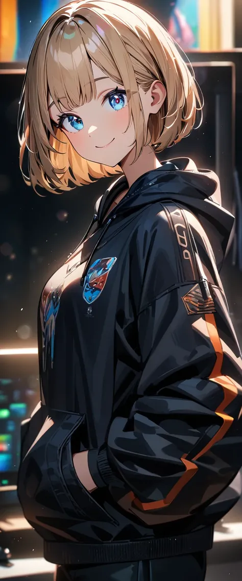 (((One girl))), blond hair, bob cut, (upper body), (looking at viewer), breasts, teenager, head tilt:1.3, (((blue eye))), (from side), hand in pocket, ((happy smile)), black hoodie, black shorts, anime style, (best quality, 4k, 8k, highres, masterpiece:1.2...