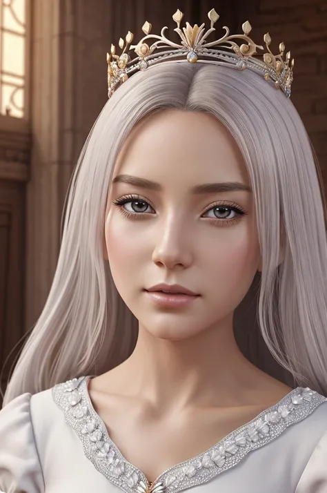 There is a woman in a white dress with a crown on her head, a beautiful fantasy queen, ((beautiful fantasy queen)), a portrait of a princess, a work of art in the Guvez style. 5D CGI anime fantasy artwork, 8K high quality detail art  