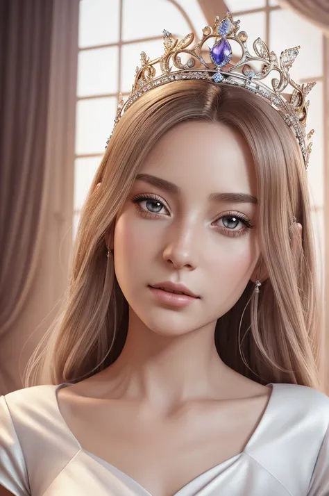 There is a woman in a white dress with a crown on her head, a beautiful fantasy queen, ((beautiful fantasy queen)), a portrait of a princess, a work of art in the Guvez style. 5D CGI anime fantasy artwork, 8K high quality detail art  