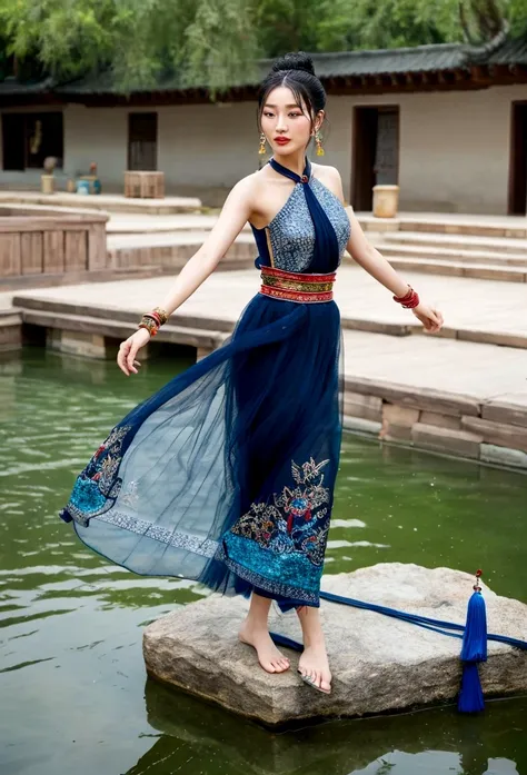 A Chinese beauty dancing on the water, Gorgeous clothing with exquisite embroidery, Flowing tulle, Long transparent colored ribbon tied around the arm, Inspired by the Dunhuang Flying Apsaras murals, Show your belly button, Bare shoulders, bare neck, Black...