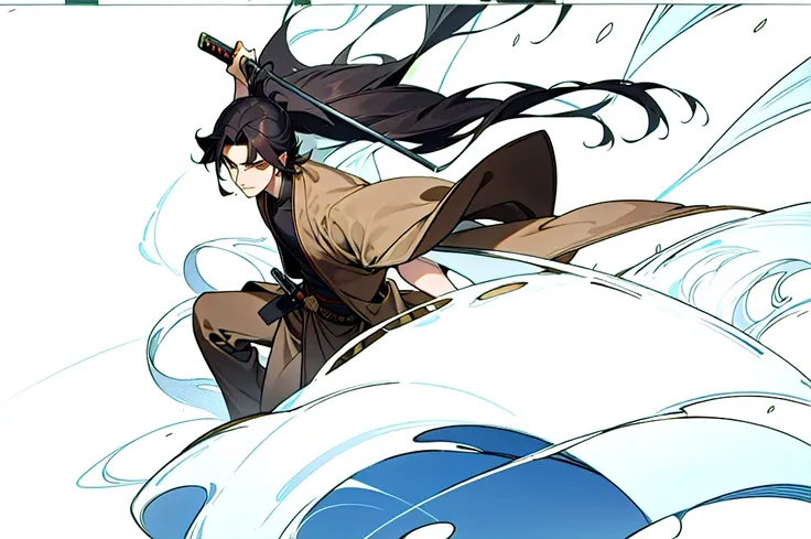 A 19 year old man with long black hair wearing a brown robe and a Dark Abys Katana pengendali 4 elemen Avatar