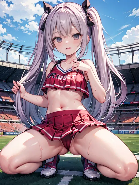 RAW Photos, Highest quality, High resolution, Very detailed、 8K image quality、Cheerleader、skirt、13 years old、Stadium、Spread your legs、Nipples are see-through with sweat