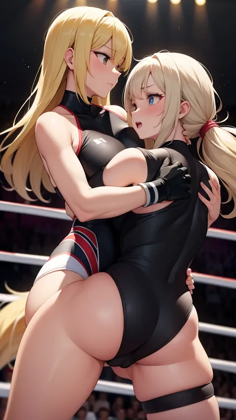 A pair of young female wrestlers fighting, ((One has long blonde hair、The other has short black hair。)), Both are wearing tight-fitting wrestling outfits, Curvaceous and voluptuous, (Large Breasts), Blushing, Dynamic action poses, Very detailed, 4K resolut...