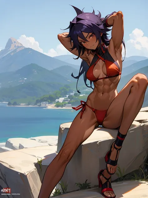 18 year old Yoruichi Shihōin from Bleach with tanned skin in a red thong bikini flexing her muscles with her hands behind her head so they are not visible to pridefully show off her rock hard abs and sitting on her heels on a mountain ledge, highly detaile...