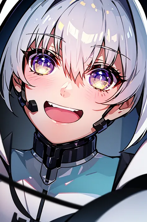 (masterpiece), best quality, expressive eyes, perfect face, a white color girl, short white spiky hair, ((dark black sclera)), yellow eyes, smiling, ((white color flesh tone)), white armor clothes, looking at viewer, ((shot from below)), face close up