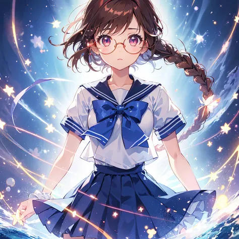 1girl, magical girl, transformation scene, glasses, brown eyes, long brown hair in single braid, sailor uniform with blue collar and skirt, red neckerchief, ((shimmering light particles:1.2) enveloping the girls body), (large breasts), large buttocks, volu...