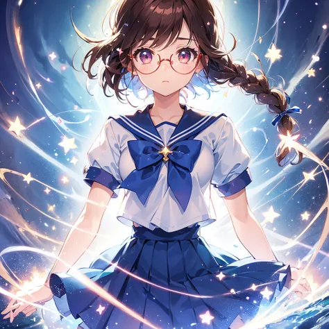 1girl, magical girl, transformation scene, glasses, brown eyes, long brown hair in single braid, sailor uniform with blue collar and skirt, red neckerchief, ((shimmering light particles:1.2) enveloping the girls body), (large breasts), large buttocks, volu...