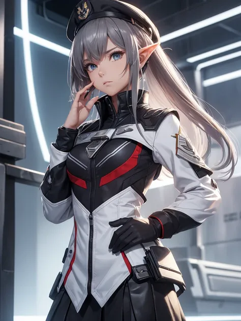 masterpiece, best quality, 8k, (highly detailed 3D rendering of a character named Ulc from SEGAs PSO2), elf-like female with pointed ears, (small gray womans Garrison cap), (long straight dark red hair), (gray futuristic military-style uniform, including a...