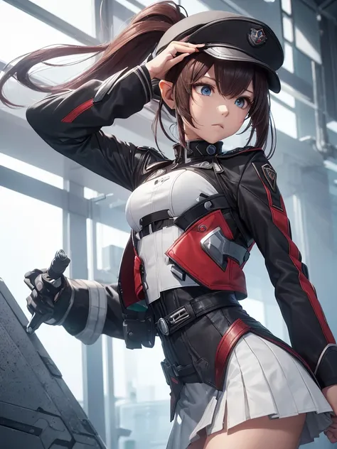 masterpiece, best quality, 8k, (highly detailed 3D rendering of a character named Ulc from SEGAs PSO2), elf-like female with pointed ears, (small gray womans Garrison cap), (long straight dark red hair), (gray futuristic military-style uniform, including a...