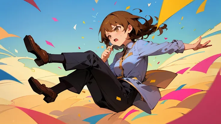 ((Highest quality)), ((masterpiece)), ((Very detailed)),Floatingする女の子,Angry expression，floating，Floating，Confetti，Brown Hair,tears,Levitating,Blue sky background,Feet in the air,tears,gravity,loafers,profile